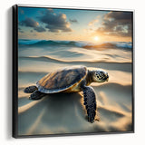 Framed canvas wall art showcasing a marine life design featuring a turtle, presented in a sleek black frame, ideal for ocean-themed decor in living spaces.