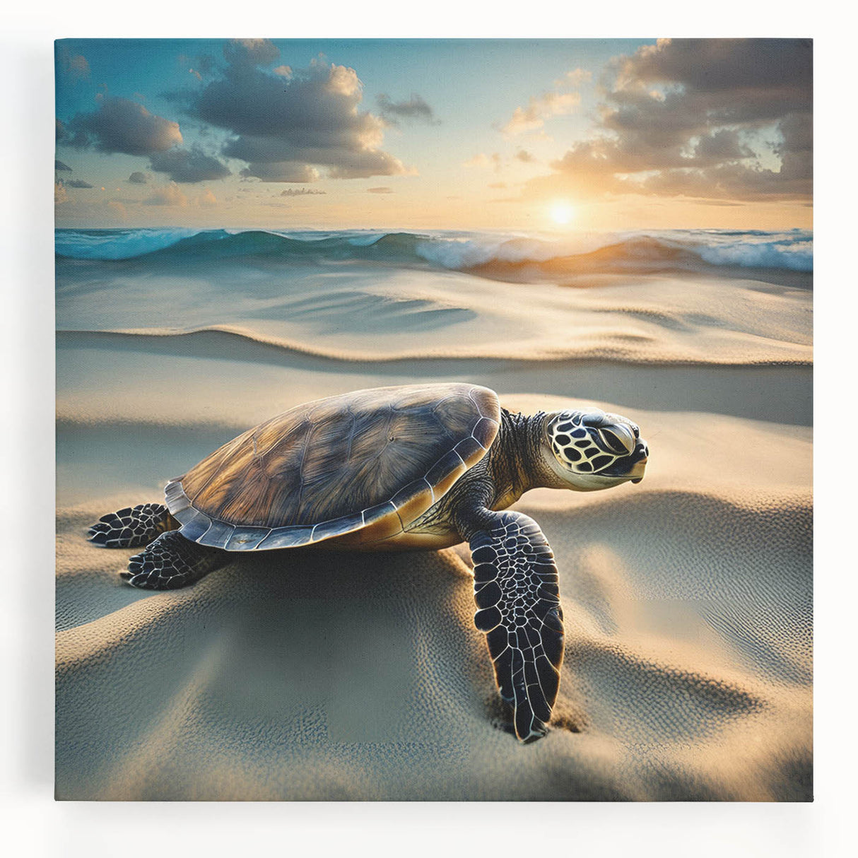 Stretched canvas wall art showcasing a vibrant marine life design featuring a turtle, ideal for ocean-themed decor. Perfect for enhancing living spaces with a touch of nature.