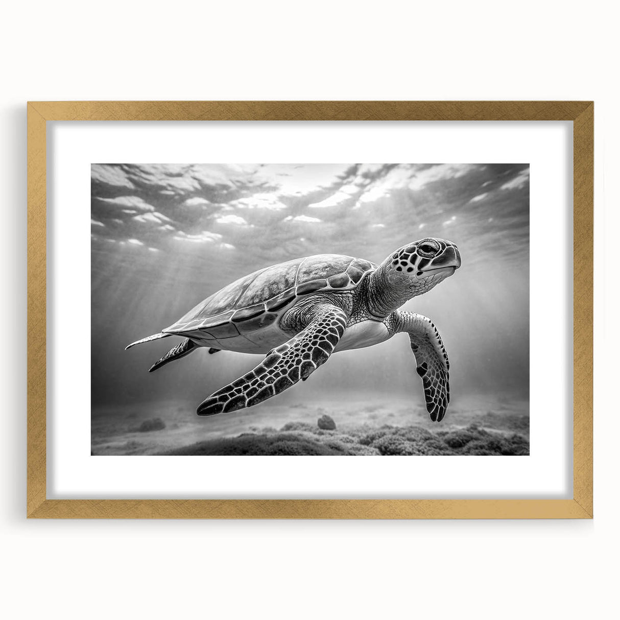 Elegant wall art featuring a marine life design with a turtle motif, framed in gold, showcasing intricate details and vibrant colors, perfect for ocean-themed decor.