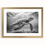 Elegant wall art featuring a marine life design with a turtle motif, framed in gold, showcasing intricate details and vibrant colors, perfect for ocean-themed decor.