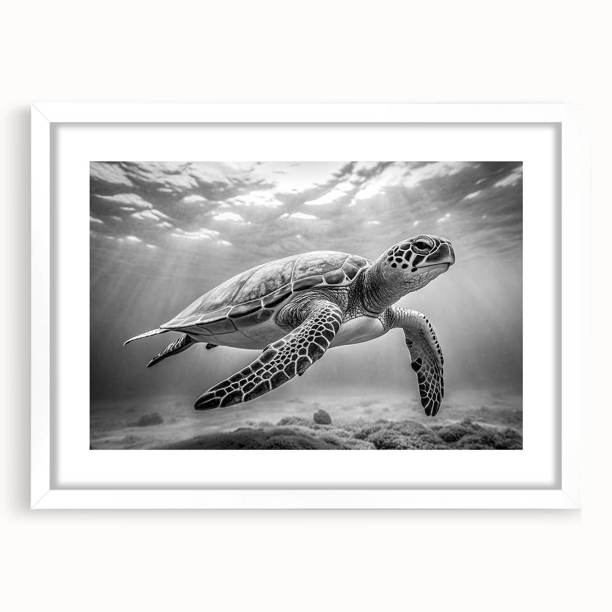 Elegant white-framed wall art featuring a marine life design with a turtle motif, showcasing vibrant colors and intricate details, ideal for ocean-themed decor.