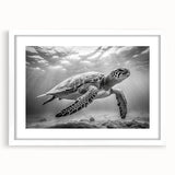 Elegant white-framed wall art featuring a marine life design with a turtle motif, showcasing vibrant colors and intricate details, ideal for ocean-themed decor.