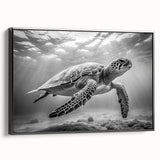 Framed canvas wall art featuring a vibrant marine life design of a turtle, showcasing intricate details and a sleek black frame, perfect for ocean-themed decor.