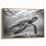 Framed canvas wall art showcasing a vibrant marine life design featuring a sea turtle in shades of blue and gold, ideal for ocean-themed decor.