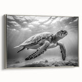 Framed canvas wall art showcasing a vibrant marine life design featuring a sea turtle in shades of blue and green, with a sleek silver frame, perfect for ocean-themed decor.