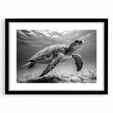 Black-framed wall art featuring a marine life design of a turtle, displayed with a mat, showcasing intricate details and vibrant colors, perfect for ocean-themed decor.