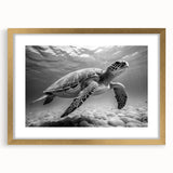Wall art featuring a vibrant marine life turtle design framed in gold, showcasing intricate details and a mat for added elegance, perfect for ocean-themed decor.