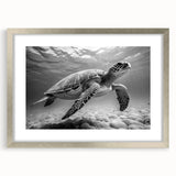 Framed wall art featuring a detailed marine life design of a turtle, set in a silver frame with a mat, perfect for ocean-themed decor.