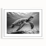 Framed wall art showcasing a vibrant marine life turtle design, featuring a white mat and sleek frame, perfect for ocean-themed decor in living spaces.