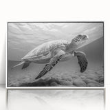 Framed acrylic wall art showcasing a vibrant marine life turtle design, featuring a white frame and clear glass front, ideal for ocean-themed decor.