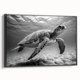 Framed canvas wall art featuring a detailed marine life turtle design in vibrant colors, showcased against a sleek black frame, ideal for ocean-themed decor.
