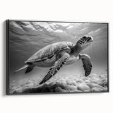 Framed canvas wall art featuring a detailed marine life turtle design in vibrant colors, showcased against a sleek black frame, ideal for ocean-themed decor.