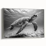 Framed canvas wall art showcasing a detailed silver turtle design, capturing intricate marine life elements, perfect for ocean-themed decor. Ideal for enhancing home aesthetics.