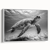 Framed wall art showcasing a vibrant marine life turtle design on a white background, ideal for ocean-themed home decor. Elevate your space with this eye-catching piece.