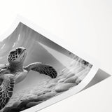 Turtle-themed wall art print showcasing vibrant marine life in shades of blue and green, rolled and ready for display, perfect for ocean-inspired decor.