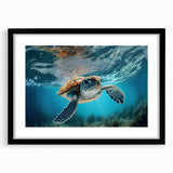Framed wall art featuring a marine life design with a turtle, showcasing vibrant colors and a sleek black mat, perfect for ocean-themed decor.