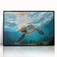 Framed wall art featuring a marine life turtle design, showcasing vibrant colors on acrylic with a sleek black frame, perfect for ocean-themed decor.