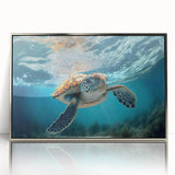 Framed acrylic wall art featuring a vibrant marine life design with a turtle, showcased in a sleek silver frame, ideal for ocean-themed decor.