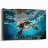 Framed canvas wall art showcasing a vibrant marine life design featuring a detailed turtle, set against a black background, ideal for ocean-themed decor.