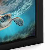 Close-up of a framed canvas wall art depicting a vibrant marine life design featuring a turtle, showcasing intricate details and rich colors, ideal for ocean-themed decor.