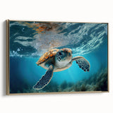 Framed canvas wall art featuring a vibrant marine life design of a turtle in gold tones, showcasing intricate details and textures, perfect for ocean-themed decor.