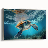 Framed wall art featuring a vibrant marine life design with a turtle, showcasing intricate details and a silver frame, perfect for ocean-themed decor.