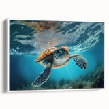 Framed canvas wall art featuring a vibrant marine life design showcasing a turtle against a white background, perfect for ocean-themed home decor.