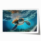 Vibrant marine life wall art featuring a detailed turtle design, printed on high-quality paper, ideal for ocean-themed decor in homes or offices.