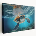 Stretched canvas wall art showcasing a vibrant marine life design featuring a graceful turtle, ideal for ocean-themed decor, in a side view presentation.