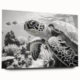 Marine life wall art featuring a side view of a beautifully designed turtle, crafted from acrylic glass, perfect for ocean-themed home decor. The vibrant colors and intricate details capture the essence of marine biodiversity, making it an ideal addition to any aquatic-inspired space.