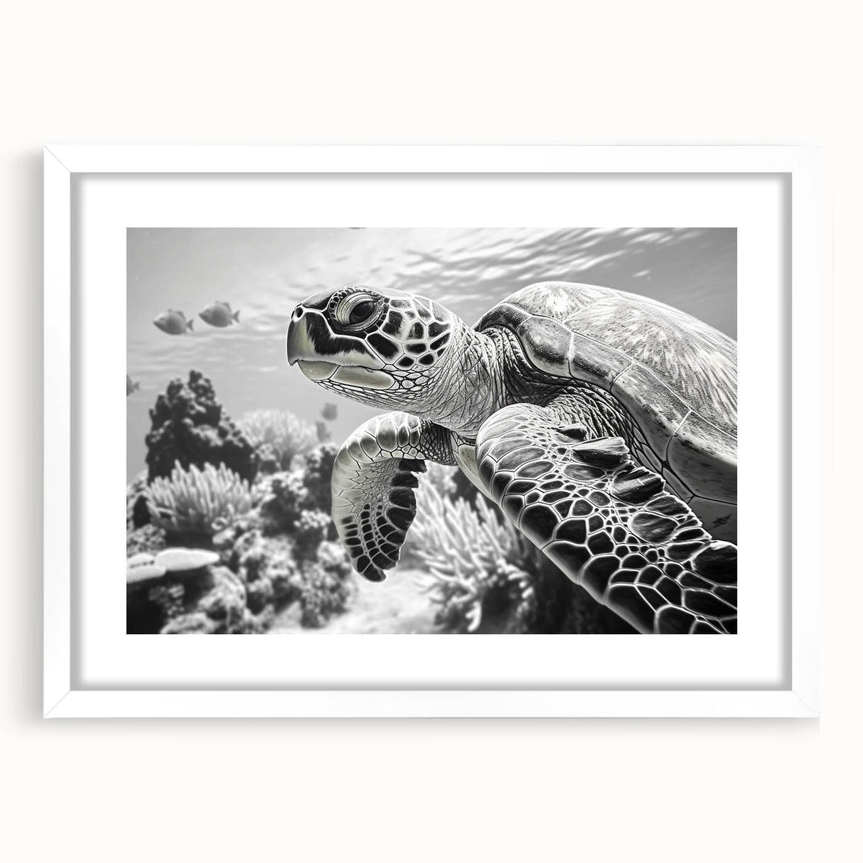 Framed wall art collection showcasing a marine life turtle design with a white mat and frame, perfect for coastal-themed decor, highlighting ocean conservation.