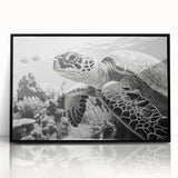 Framed acrylic wall art showcasing a vibrant marine life turtle design, featuring a sleek black frame, perfect for ocean-themed decor and nature lovers.