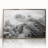 Framed wall art design featuring a vibrant marine life turtle, displayed in a sleek gold frame, perfect for ocean-themed decor or gifts.