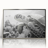 Framed wall art showcasing a vibrant marine life turtle design in acrylic, featuring a silver frame and a sleek front view, ideal for coastal decor enthusiasts.