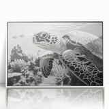 Framed wall art featuring a vibrant marine life turtle design in a white frame, perfect for ocean-themed decor, showcasing intricate details and colors.