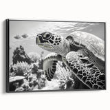 Framed wall art featuring a vibrant marine life design with a sea turtle, showcased in a sleek black frame, perfect for ocean-themed decor.
