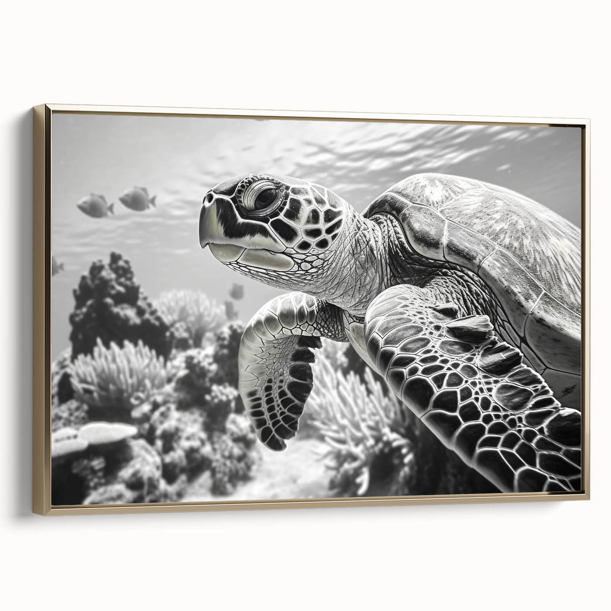 Framed wall art showcasing a vibrant marine life turtle design on canvas with gold accents, perfect for ocean-themed decor, highlighting intricate details and colors.
