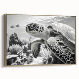 Framed wall art showcasing a vibrant marine life turtle design on canvas with gold accents, perfect for ocean-themed decor, highlighting intricate details and colors.