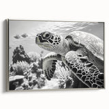 Framed canvas wall art featuring a serene marine life design showcasing a turtle in vibrant colors, elegantly presented with a silver frame, perfect for ocean-themed decor.