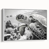 Framed canvas wall art featuring a vibrant marine life design with a sea turtle, showcasing detailed colors and textures against a white background, ideal for ocean-themed decor.
