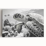 Colorful marine life wall art featuring a turtle design on stretched canvas, showcasing vibrant blues and greens against a serene ocean backdrop. Perfect for ocean lovers and home decor enthusiasts.