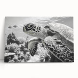 Stretched canvas wall art featuring a vibrant marine life design with a turtle, showcasing shades of blue and green, perfect for ocean-themed decor. Ideal for enhancing any living space with a touch of marine aesthetics.