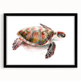 Black-framed wall art print showcasing a vibrant marine life design featuring a turtle, ideal for ocean-themed decor, enhancing any living space's aesthetic.