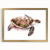 Gold-framed wall art featuring a vibrant marine life design with a sea turtle, perfect for ocean-themed decor. Ideal for enhancing living spaces with nature-inspired aesthetics.