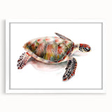 White-framed wall art showcasing a vibrant marine life turtle design, ideal for ocean-themed decor, adding a touch of nature to any room.