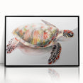 Framed acrylic wall art showcasing a vibrant marine life turtle design, featuring intricate details and a sleek black frame, perfect for ocean-themed decor.