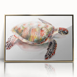 Framed acrylic wall art featuring a vibrant marine life design with a turtle, accented by a gold frame, ideal for ocean-themed decor. Perfect for nature lovers!