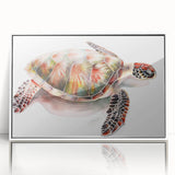 Framed acrylic wall art depicting a vibrant marine life turtle design, showcasing shades of blue and green, perfect for ocean-themed decor. Ideal for beach lovers.