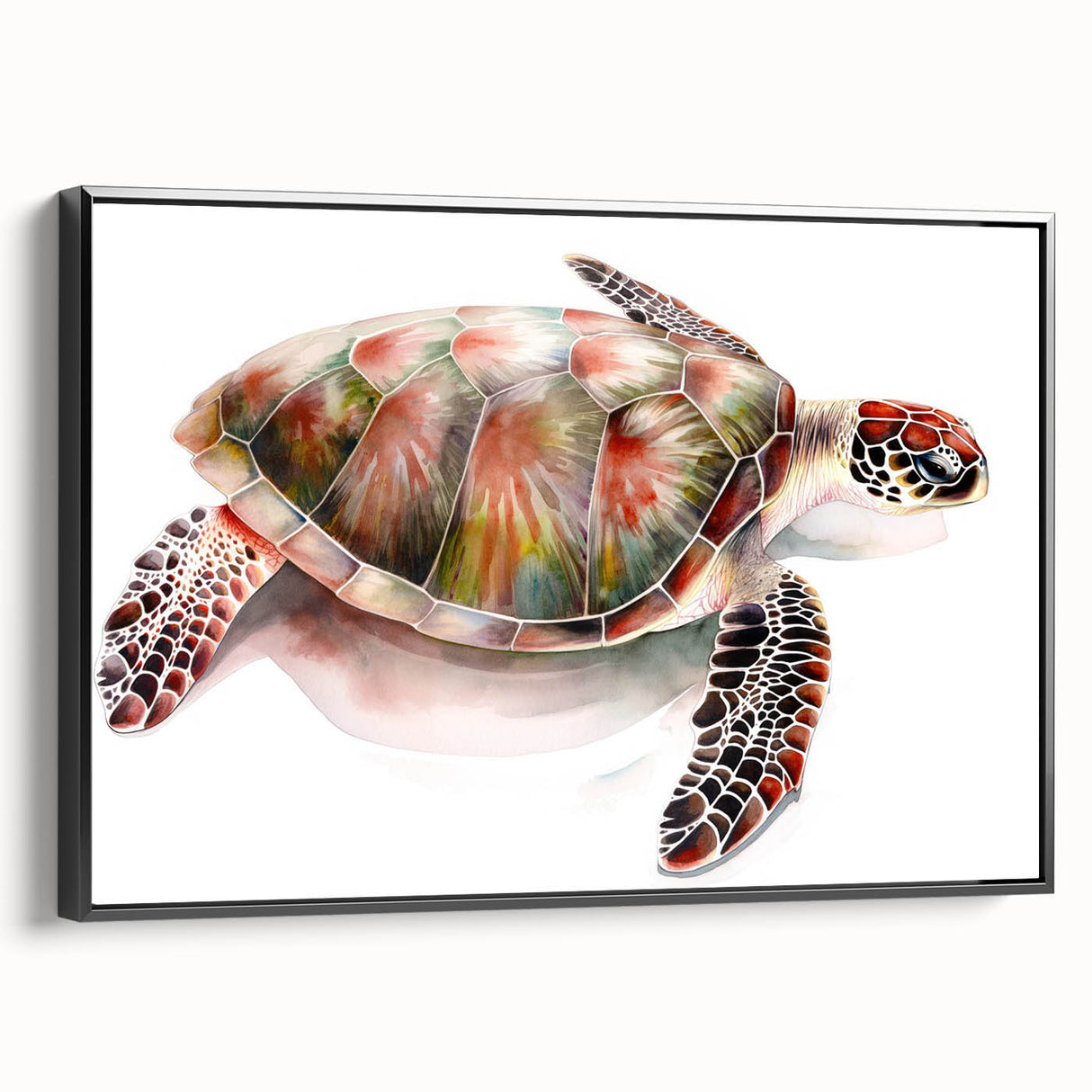 Framed canvas wall art showcasing a vibrant marine life turtle design, presented in a sleek black frame, ideal for ocean-themed decor in contemporary settings.