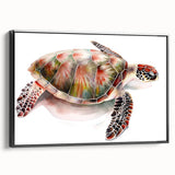 Framed canvas wall art showcasing a vibrant marine life turtle design, presented in a sleek black frame, ideal for ocean-themed decor in contemporary settings.